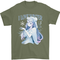 I Love Winter Anime Japanese Text Mens T-Shirt 100% Cotton Military Green