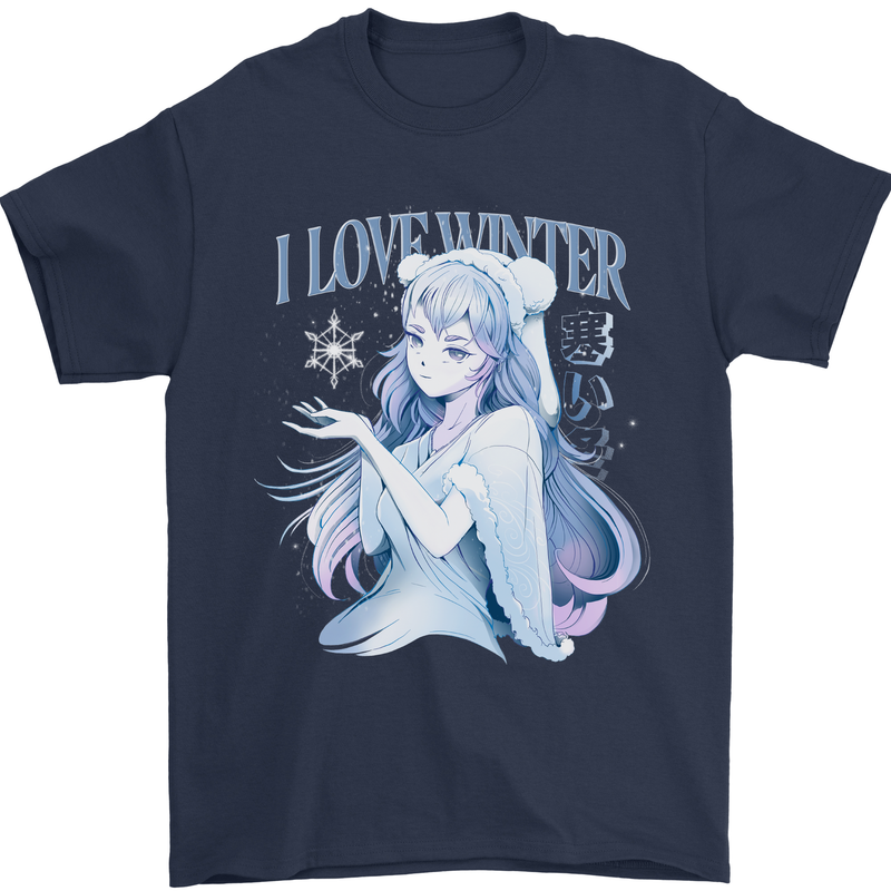 I Love Winter Anime Japanese Text Mens T-Shirt 100% Cotton Navy Blue
