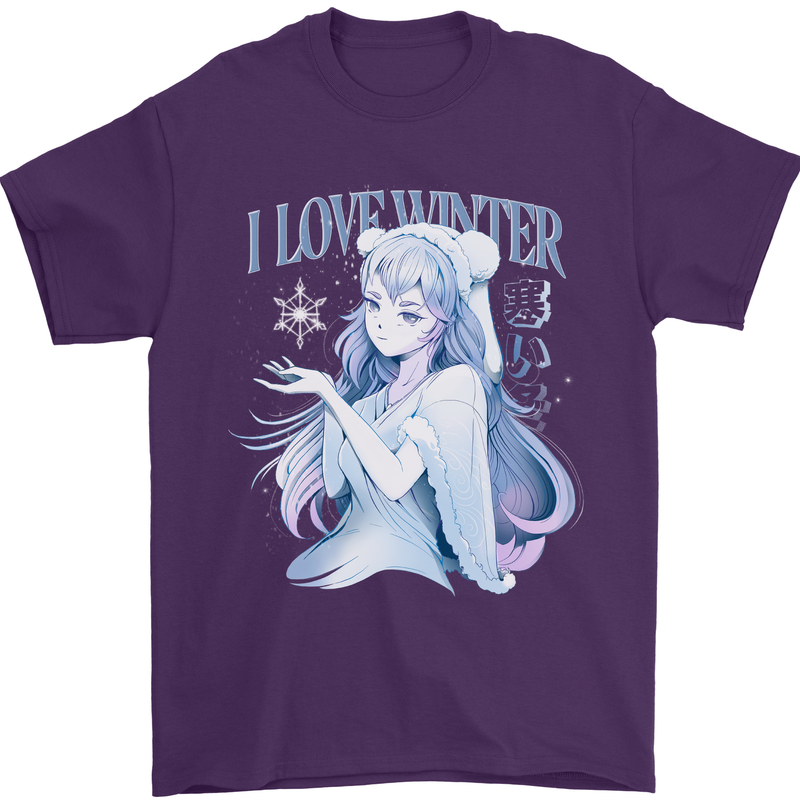 I Love Winter Anime Japanese Text Mens T-Shirt 100% Cotton Purple