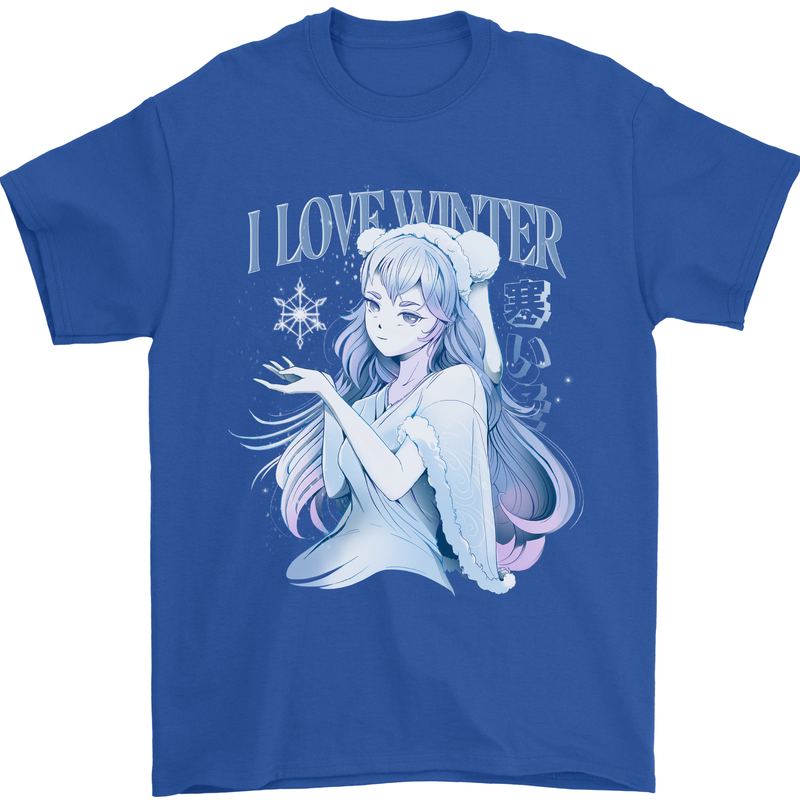 I Love Winter Anime Japanese Text Mens T-Shirt 100% Cotton Royal Blue
