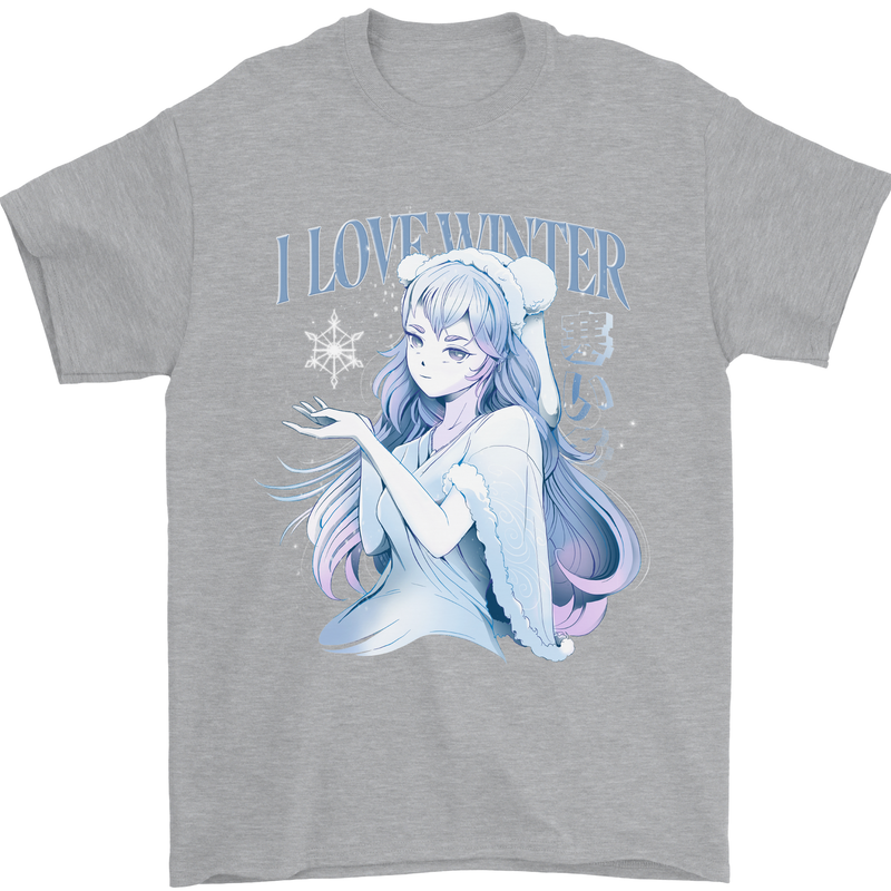 I Love Winter Anime Japanese Text Mens T-Shirt 100% Cotton Sports Grey