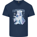 I Love Winter Anime Japanese Text Mens V-Neck Cotton T-Shirt Navy Blue