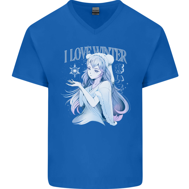 I Love Winter Anime Japanese Text Mens V-Neck Cotton T-Shirt Royal Blue