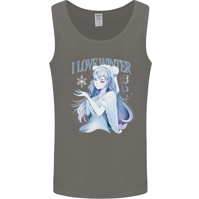 I Love Winter Anime Japanese Text Mens Vest Tank Top Charcoal