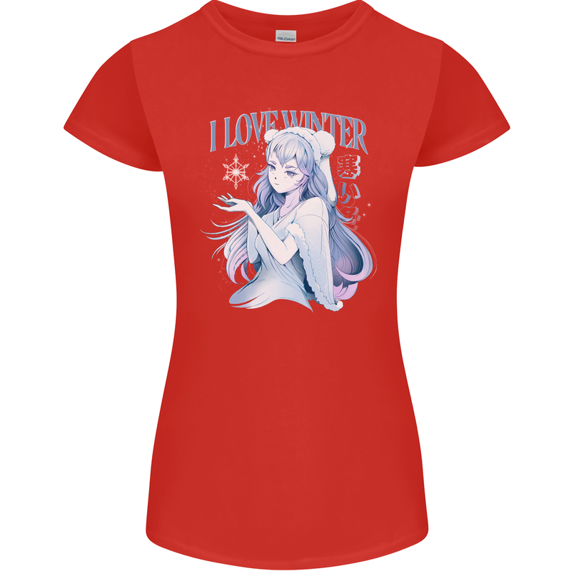 I Love Winter Anime Japanese Text Womens Petite Cut T-Shirt Red