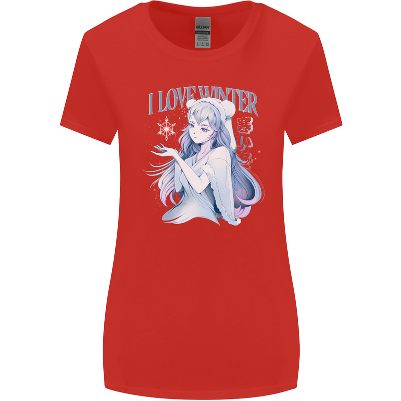 I Love Winter Anime Japanese Text Womens Wider Cut T-Shirt Red