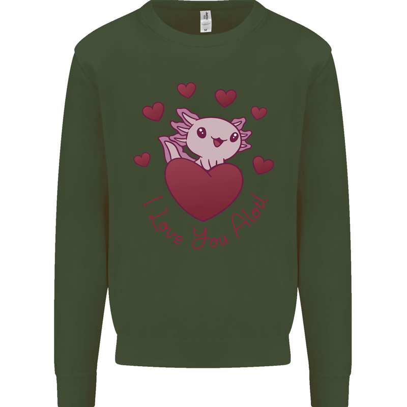 I Love You Alotl Valentines Day Axoloti Kids Sweatshirt Jumper Forest Green