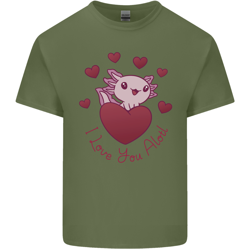 I Love You Alotl Valentines Day Axoloti Mens Cotton T-Shirt Tee Top Military Green