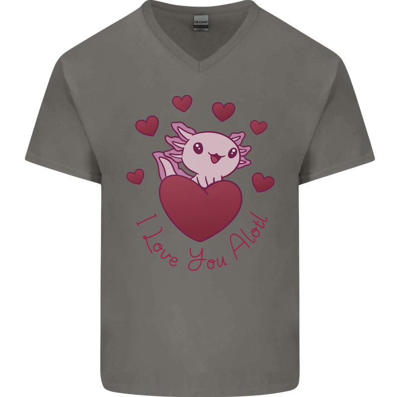 I Love You Alotl Valentines Day Axoloti Mens V-Neck Cotton T-Shirt Charcoal