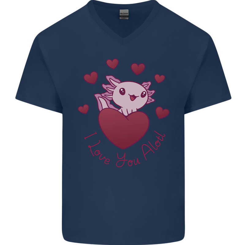 I Love You Alotl Valentines Day Axoloti Mens V-Neck Cotton T-Shirt Navy Blue