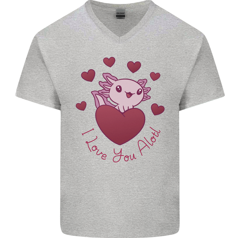 I Love You Alotl Valentines Day Axoloti Mens V-Neck Cotton T-Shirt Sports Grey