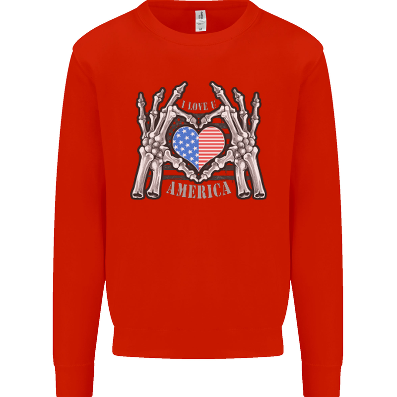 I Love You America 4th of July USA Flag Kids Sweatshirt Jumper Bright Red