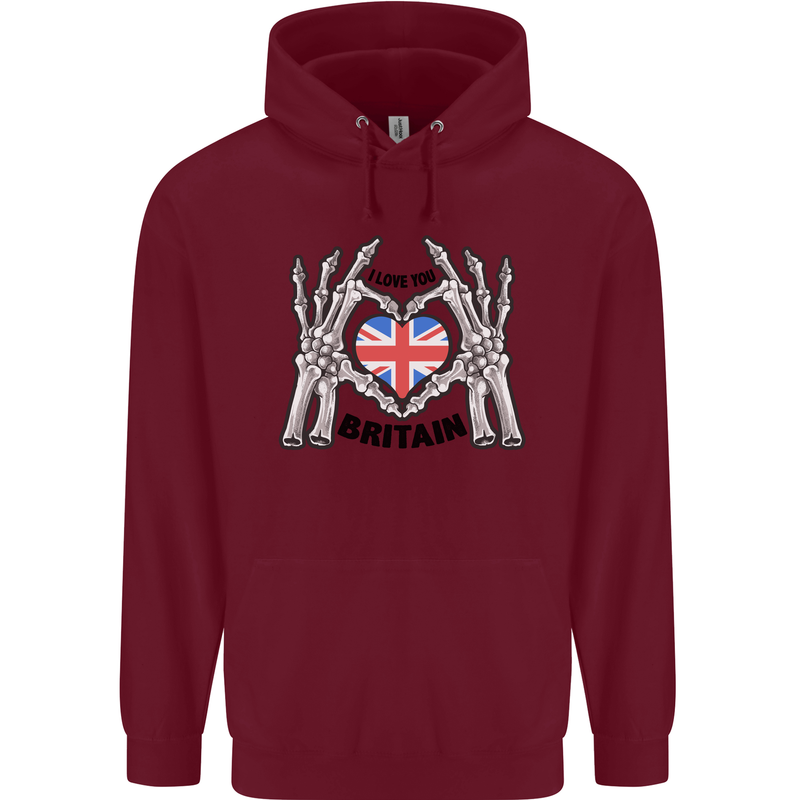 I Love You Great Britain Union Jack Flag UK Childrens Kids Hoodie Maroon