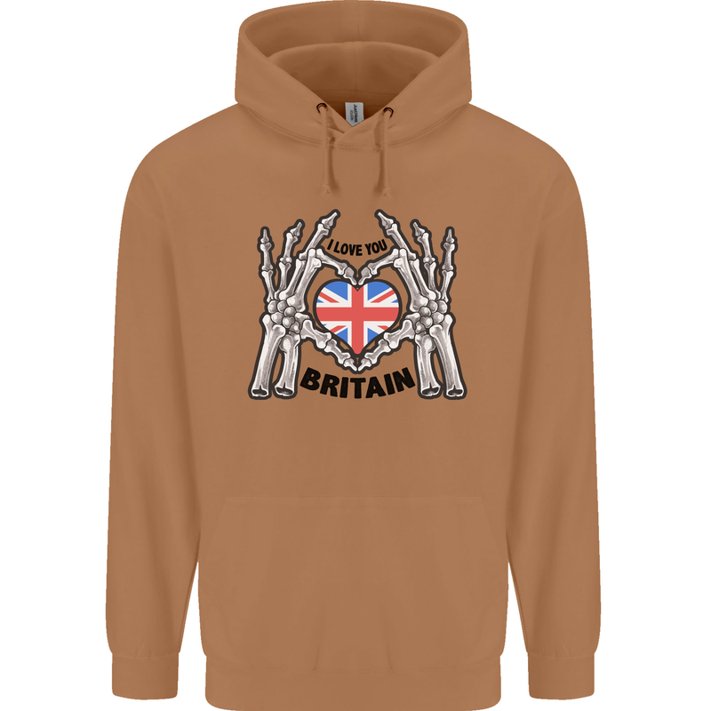 I Love You Great Britain Union Jack Flag UK Mens 80% Cotton Hoodie Caramel Latte
