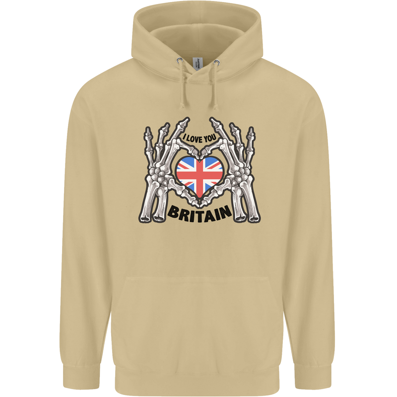 I Love You Great Britain Union Jack Flag UK Mens 80% Cotton Hoodie Sand