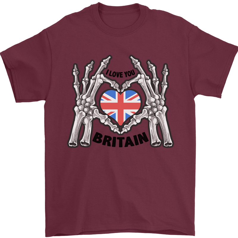 I Love You Great Britain Union Jack Flag UK Mens T-Shirt Cotton Gildan Maroon