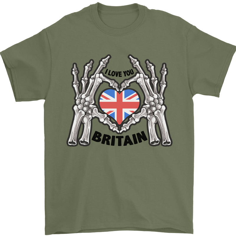 I Love You Great Britain Union Jack Flag UK Mens T-Shirt Cotton Gildan Military Green