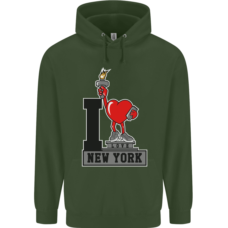 I Love (Heart) New York Mens 80% Cotton Hoodie Forest Green