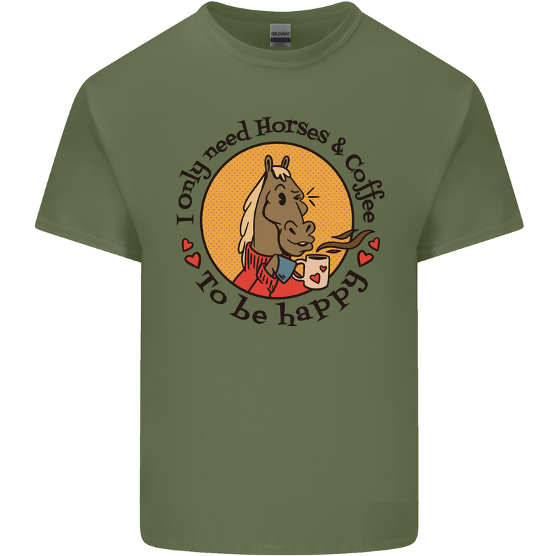 I Only Need Horses and Coffee Equestrian Mens Cotton T-Shirt Tee Top Military Green