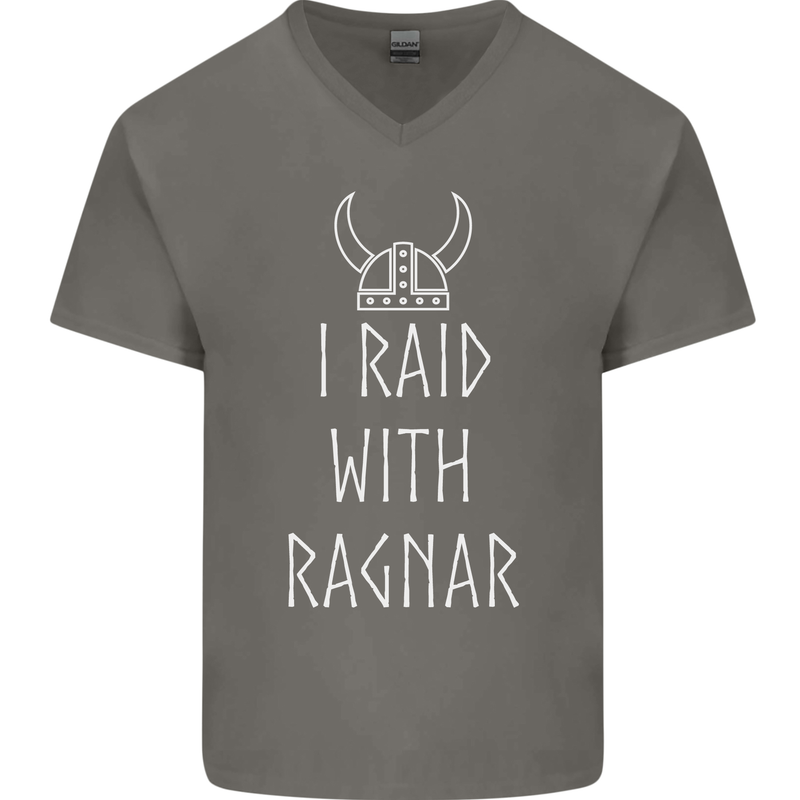 I Raid With Ragnar The Vikings Valhalla Mens V-Neck Cotton T-Shirt Charcoal