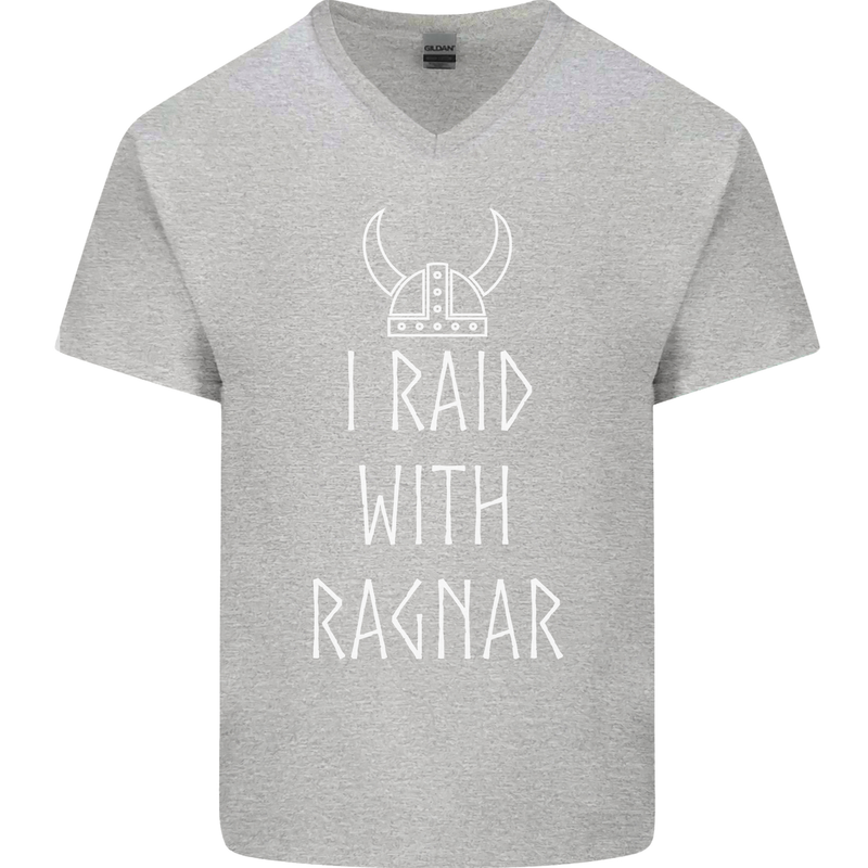 I Raid With Ragnar The Vikings Valhalla Mens V-Neck Cotton T-Shirt Sports Grey