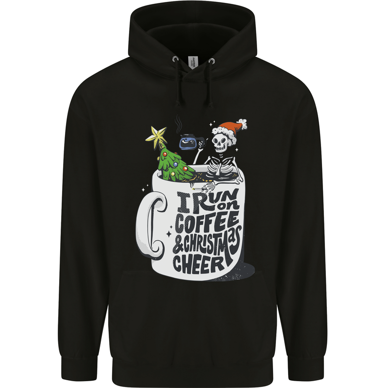 I Run On Coffee and Christmas Cheer Skull Childrens Kids Hoodie Black