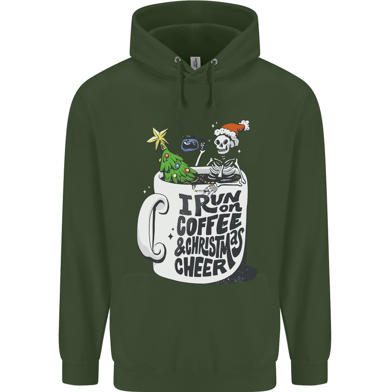 I Run On Coffee and Christmas Cheer Skull Childrens Kids Hoodie Forest Green