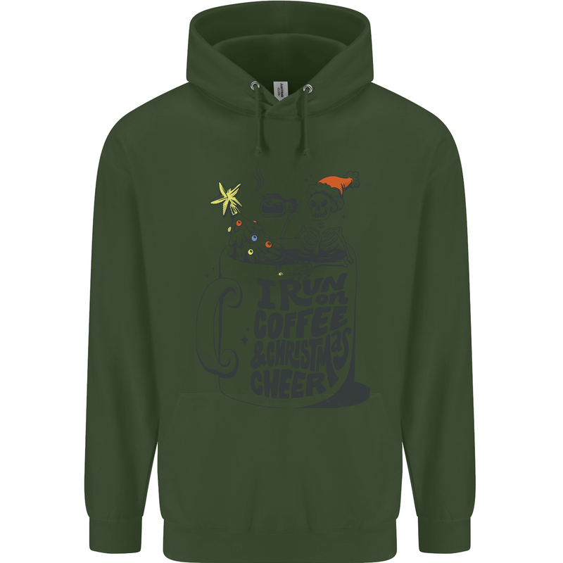I Run On Coffee and Christmas Cheer Skull Childrens Kids Hoodie Forest Green