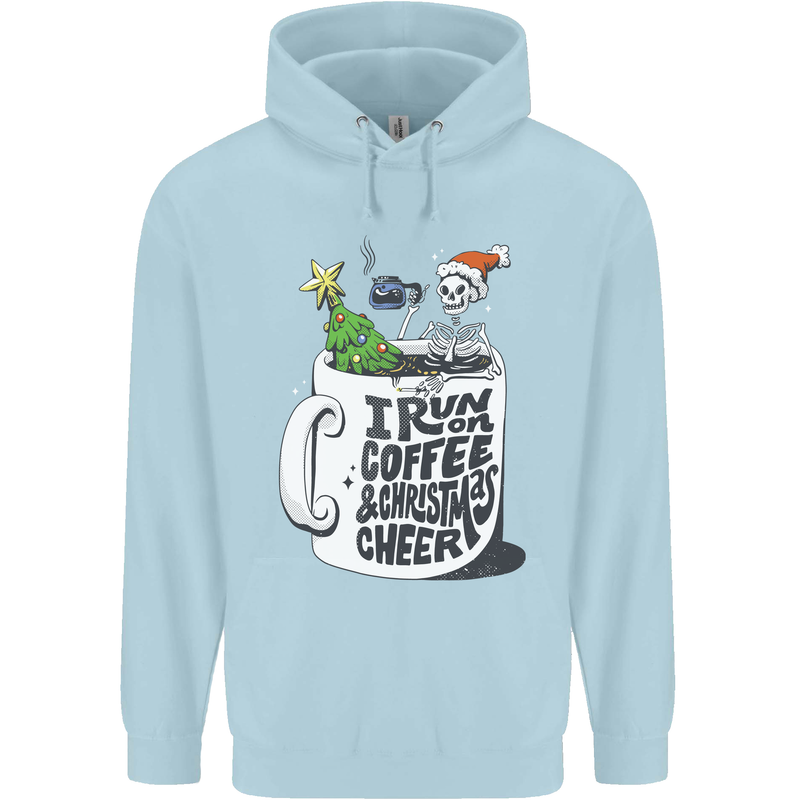 I Run On Coffee and Christmas Cheer Skull Childrens Kids Hoodie Light Blue