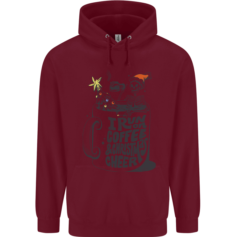 I Run On Coffee and Christmas Cheer Skull Childrens Kids Hoodie Maroon