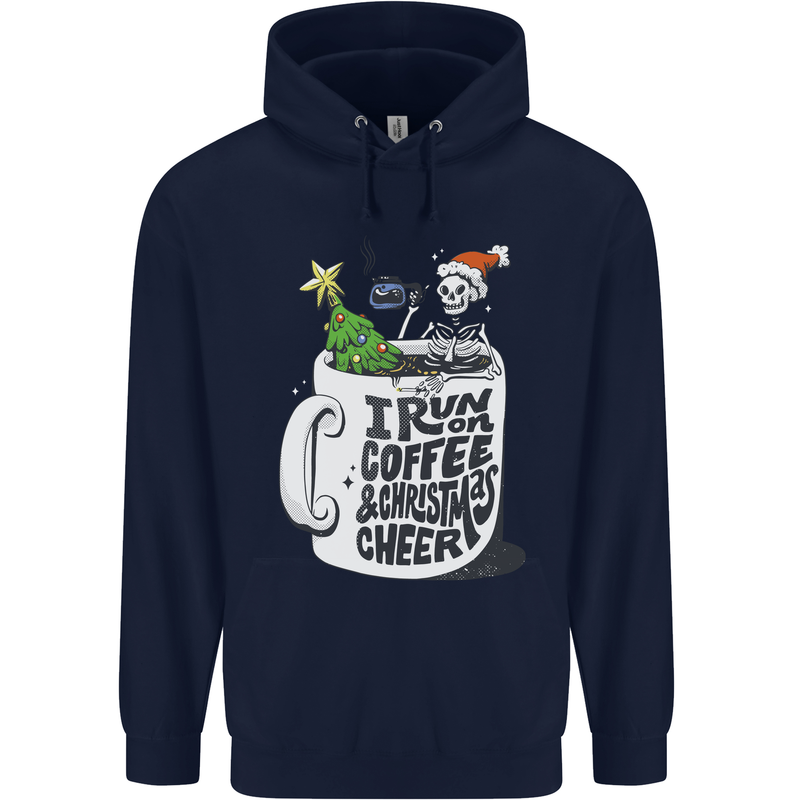I Run On Coffee and Christmas Cheer Skull Childrens Kids Hoodie Navy Blue