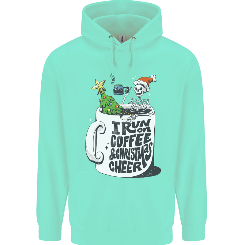 I Run On Coffee and Christmas Cheer Skull Childrens Kids Hoodie Peppermint