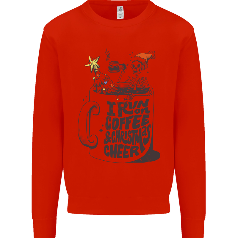 I Run On Coffee and Christmas Cheer Skull Kids Sweatshirt Jumper Bright Red