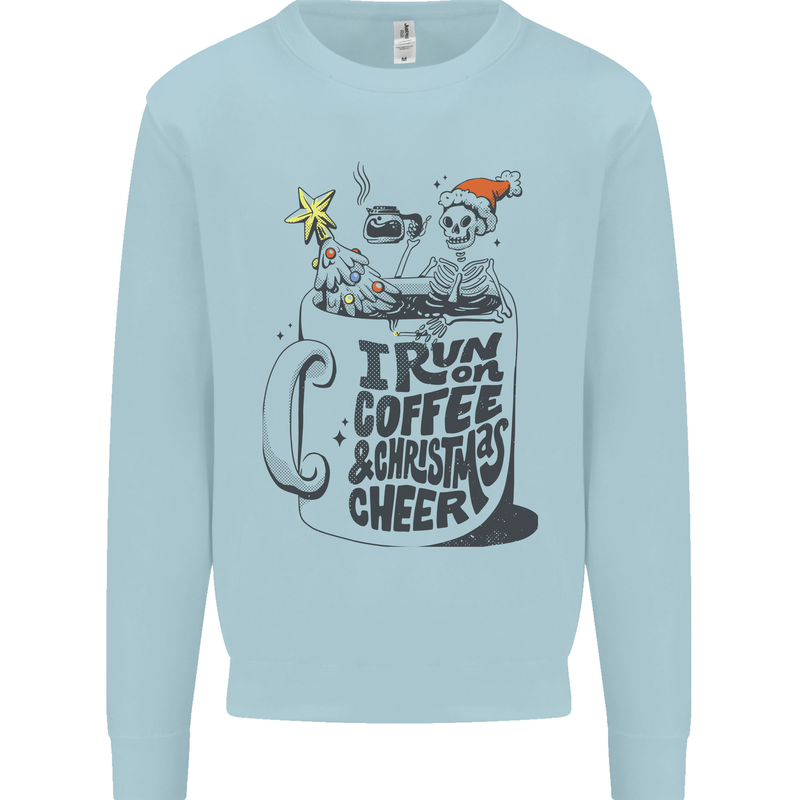 I Run On Coffee and Christmas Cheer Skull Kids Sweatshirt Jumper Light Blue