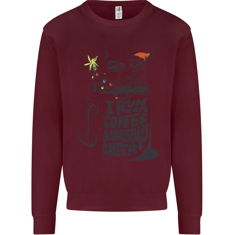 I Run On Coffee and Christmas Cheer Skull Kids Sweatshirt Jumper Maroon