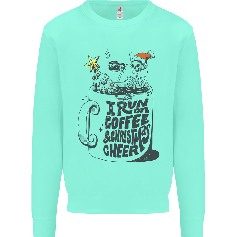 I Run On Coffee and Christmas Cheer Skull Kids Sweatshirt Jumper Peppermint