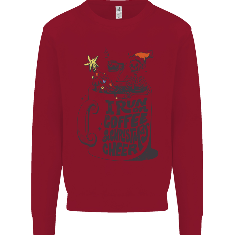 I Run On Coffee and Christmas Cheer Skull Kids Sweatshirt Jumper Red