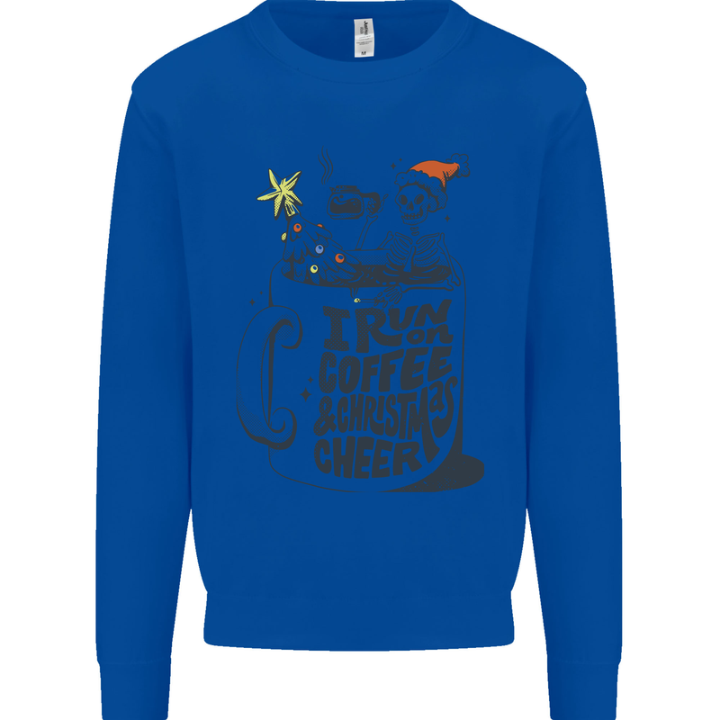 I Run On Coffee and Christmas Cheer Skull Kids Sweatshirt Jumper Royal Blue