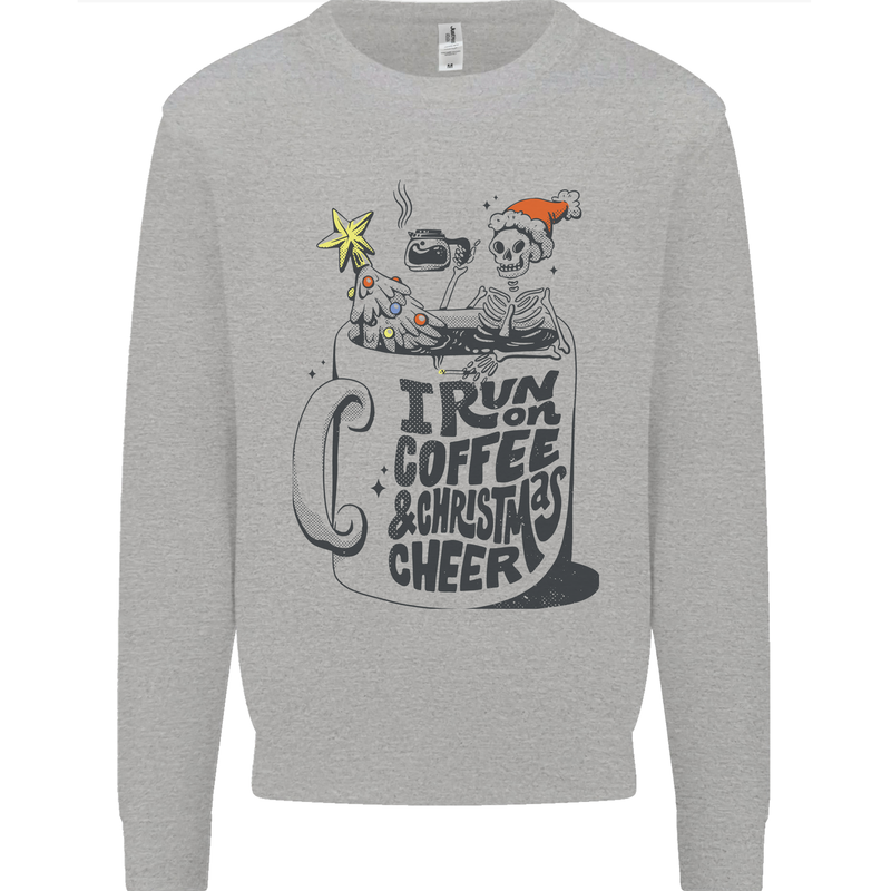 I Run On Coffee and Christmas Cheer Skull Kids Sweatshirt Jumper Sports Grey