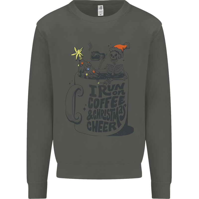 I Run On Coffee and Christmas Cheer Skull Kids Sweatshirt Jumper Storm Grey