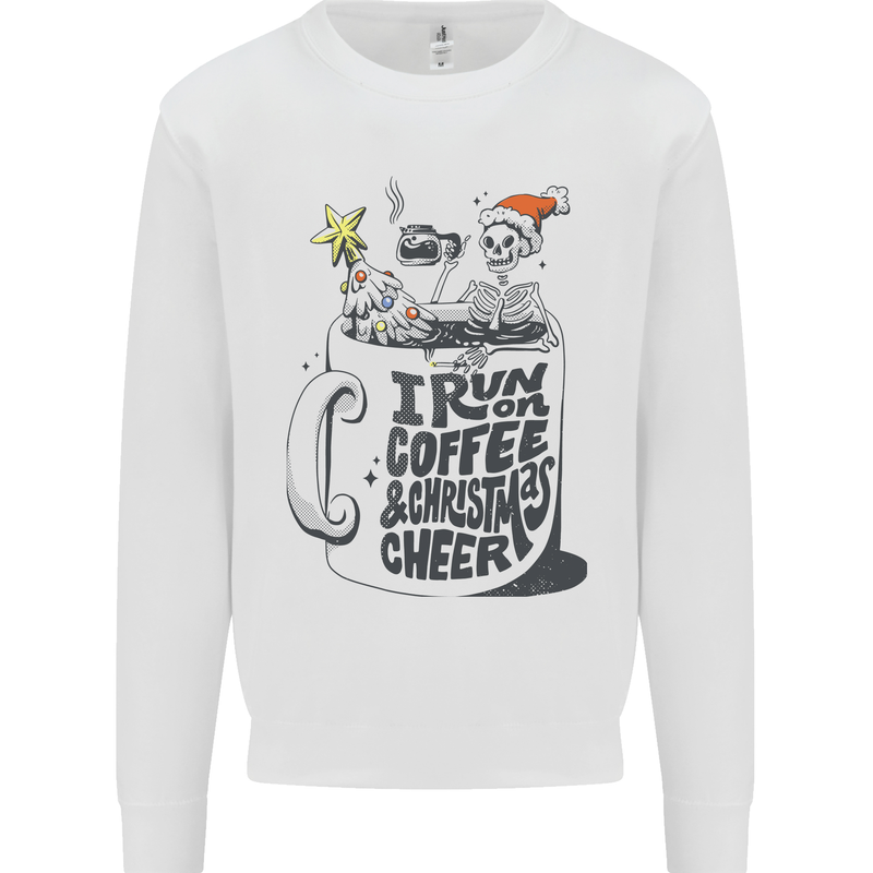 I Run On Coffee and Christmas Cheer Skull Kids Sweatshirt Jumper White