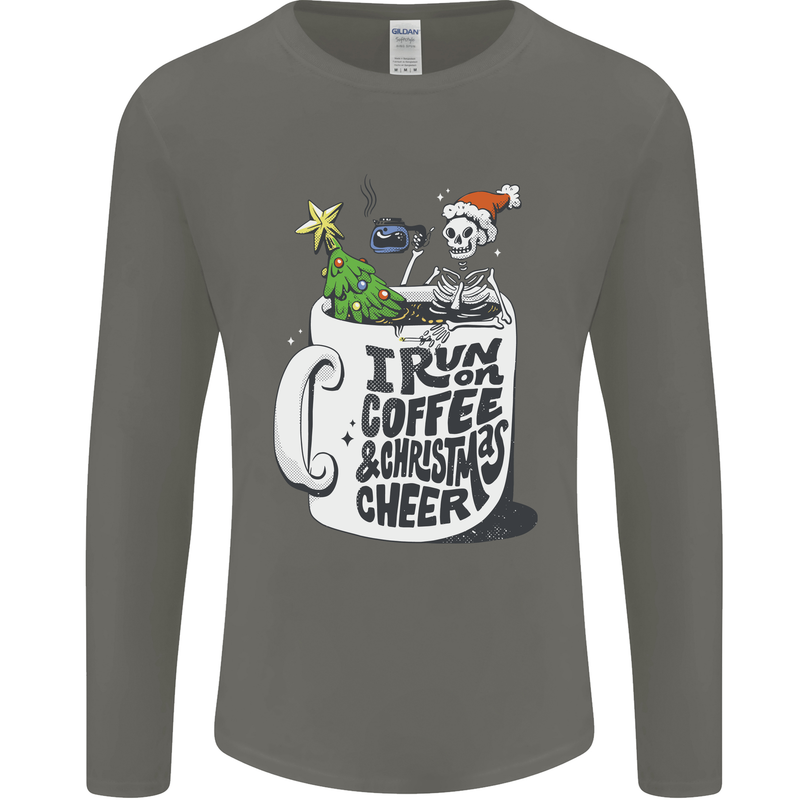 I Run On Coffee and Christmas Cheer Skull Mens Long Sleeve T-Shirt Charcoal