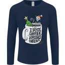 I Run On Coffee and Christmas Cheer Skull Mens Long Sleeve T-Shirt Navy Blue