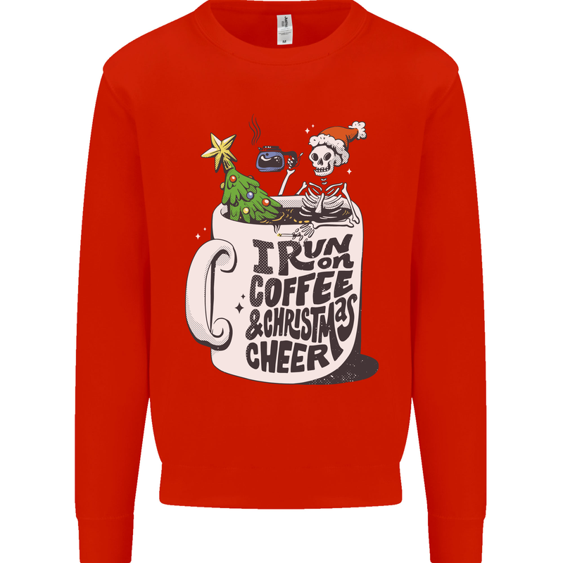 I Run On Coffee and Christmas Cheer Skull Mens Sweatshirt Jumper Bright Red
