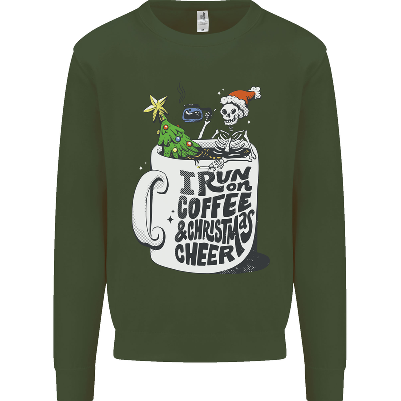 I Run On Coffee and Christmas Cheer Skull Mens Sweatshirt Jumper Forest Green