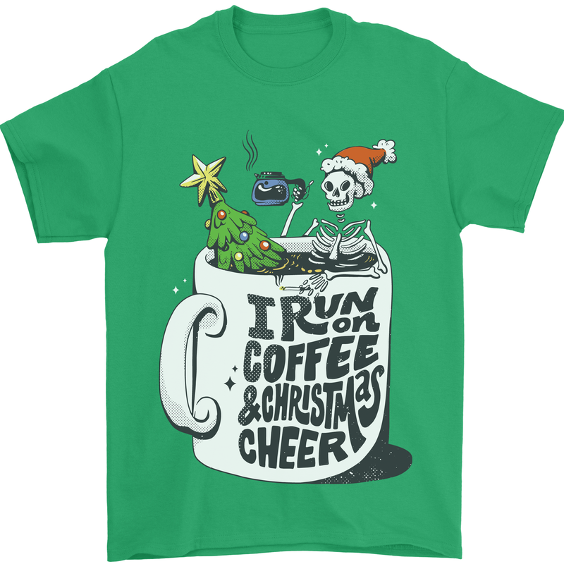 I Run On Coffee and Christmas Cheer Skull Mens T-Shirt Cotton Gildan Irish Green