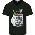 I Run On Coffee and Christmas Cheer Skull Mens V-Neck Cotton T-Shirt Black