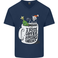 I Run On Coffee and Christmas Cheer Skull Mens V-Neck Cotton T-Shirt Navy Blue
