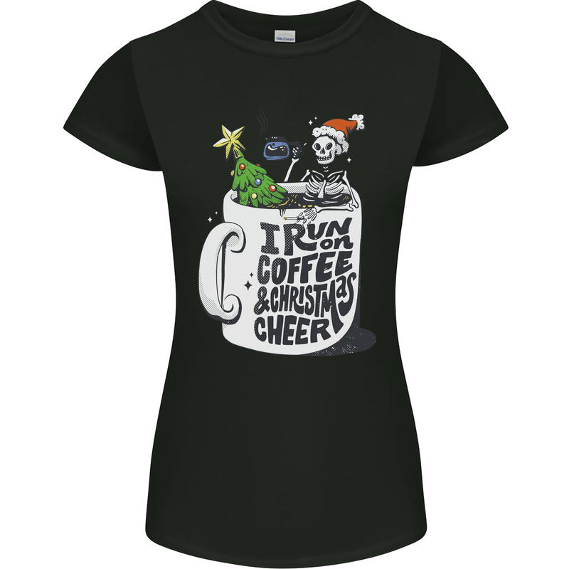I Run On Coffee and Christmas Cheer Skull Womens Petite Cut T-Shirt Black