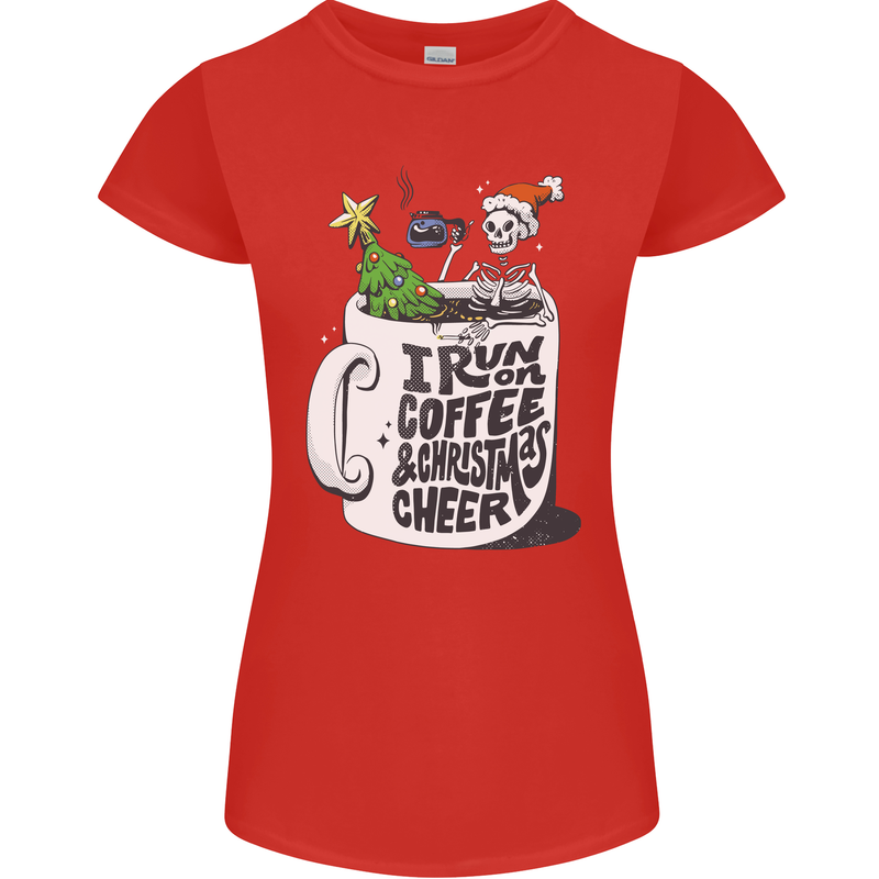 I Run On Coffee and Christmas Cheer Skull Womens Petite Cut T-Shirt Red